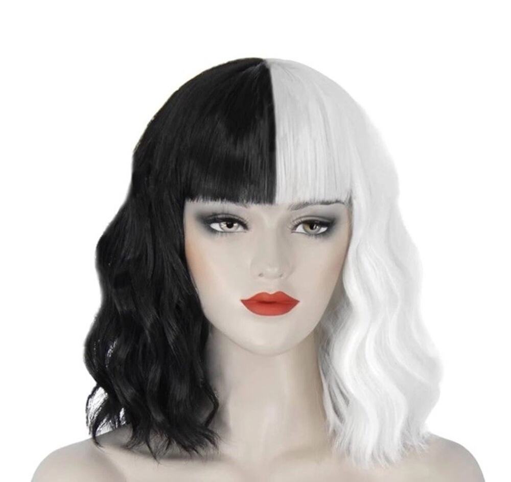 14" Short Curly Bob Black White Wavy Cruella Deville Wig Halloween Cosplay